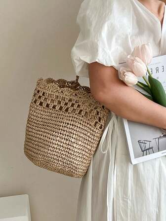 1pc French Style  Grass Women's Handbag Woven Shoulder Bag For Summer Vacation Beach Bucket Bag