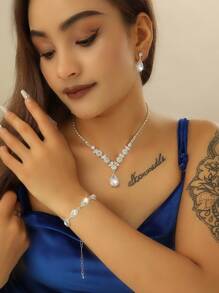 Bộ bông tai vòng cổ pha lê cô dâu bạc Bộ trang sức cưới cho cô dâu Vòng cổ vòng cổ bằng kim cương giả Bộ trang sức trang phục vũ hội cho phụ nữ và bé gái (Bộ 3 món - 2 bông tai và 1 vòng cổ) Tiaras - Bạc - Xem 2