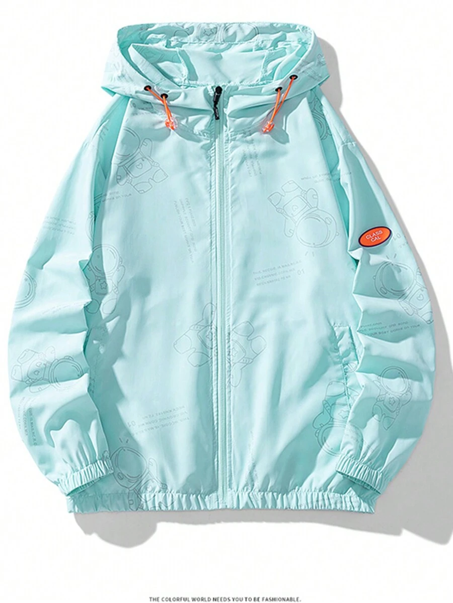 Summer Workout 1pc Men's Sun Protection Clothing Thin Fishing Anti-UV Jacket With Hood And Drawstring, Zipper, Elastic Cuff And Printed Arm Badge
