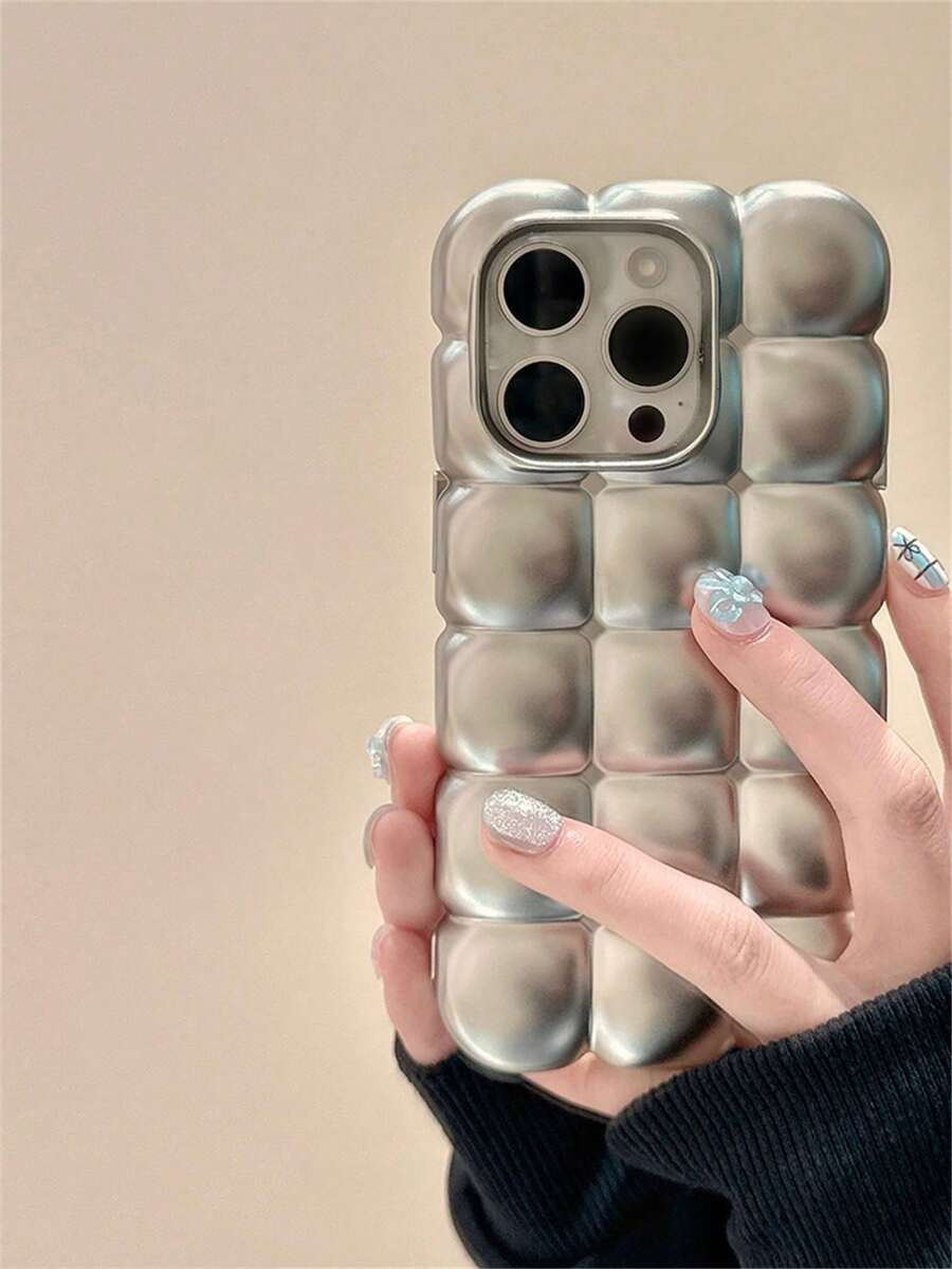 1个奢华时尚3D网格电镀银色手机壳，兼容 17 Pro Max、17 Pro、17、16、15、14、13、12 Pro Max、11，简约复古可爱防震保护套