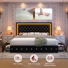 Gegoforu Queen LED Smart Bed Frame With 4 Storage Drawers Adjustable Headboard With Smart Control RGBW LED, Whisper-Quiet Design, Upholstered Bed Wood Slats Support, No Box Spring Needed, PU Leather & Velvet - Velvet Black - View 2