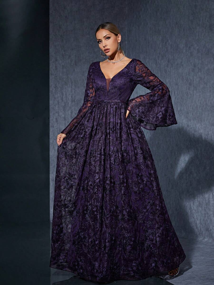 V-Neck Embroidered Lace Sexy Trumpet Sleeve High-End Evening Dress - Purple - View 1