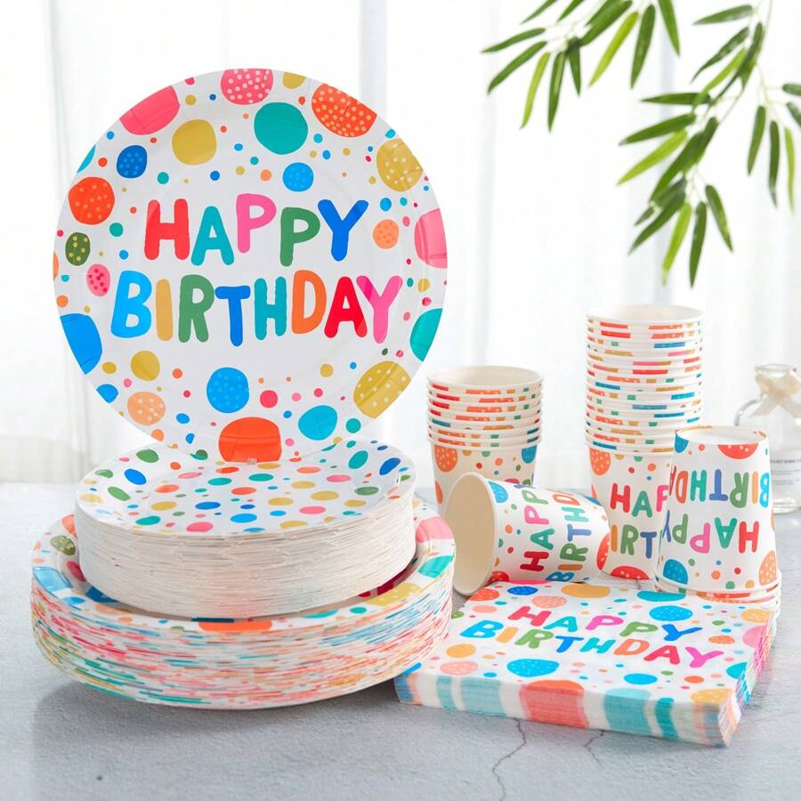 Happy Birthday Party Supplies Set, Disposable Paper Birthday Plates, Napkins, Cups And Colorful Decoration Items, Stylish Party Gift,Christmas