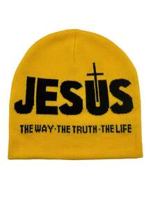 1 pièce Bonnet de hip-hop 'JESUS' Unisexe, un chapeau de tricot froid à la mode Y2k pour homme et femme, chapeau chaud et thermique pour l'extérieur, à porter - JUSUS - Voir 15