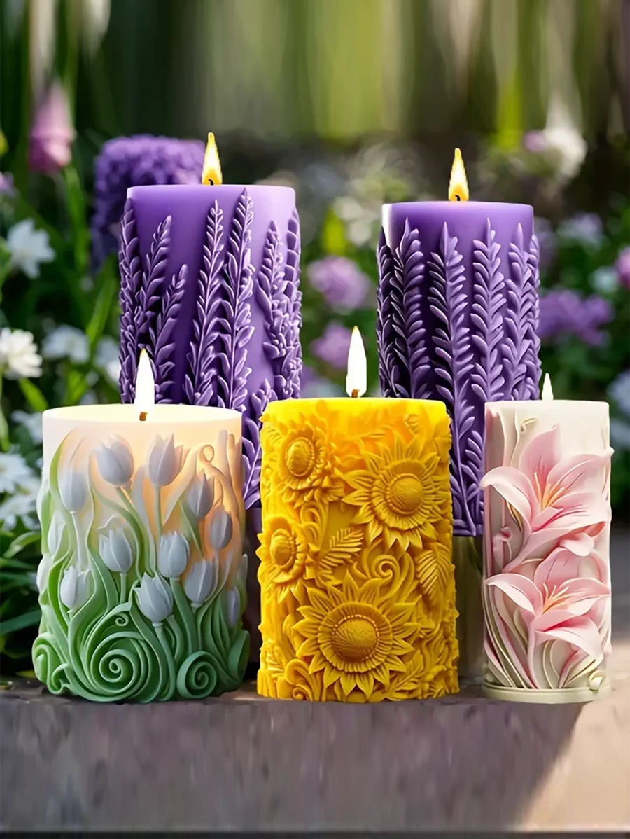 Khuôn nến silicon hình trụ 3D Blossoming Style - Khuôn đúc nhựa Sản xuất nến DIY, Quà cưới, Khuôn silicon họa tiết hoa hướng dương, hoa tulip, hoa oải hương, Thủ công mỹ nghệ nến và nhựa - Trắng - Xem 1