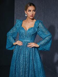 Embroidery Lace Long Sleeve High-End Evening Dress With Ruffle Collar - Blue - View 6
