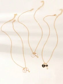 3 Pcs/Set Kids Oil Drop Heart Lock Key Pendant Necklaces, Gift For Friends