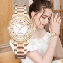 1只女性玫瑰金殼面不銹鋼機械手錶，時尚圓形設計，適合日常佩戴和送禮 - 玫瑰金 - 查看 5