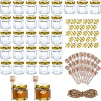 SHIXIONG Mini Tarros de Miel de Vidrio de 1,5 oz,Paquete de 30 Tarros Pequeños Hexagonales con Tapas Doradas para Miel, Especias, Mermelada y Velas, Ideal Tarros de Miel para Recuerditos de Boda