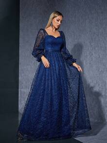 Embroidered Lace Strapless Long Sleeve High-End Evening Dress - Navy Blue - View 3