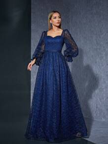 Embroidered Lace Strapless Long Sleeve High-End Evening Dress - Navy Blue - View 1