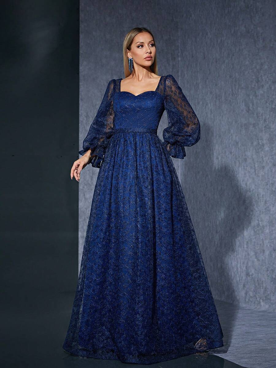 Embroidered Lace Strapless Long Sleeve High-End Evening Dress - Navy Blue - View 1