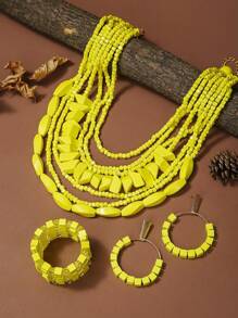 4pcs Bohemian Style Wooden Multi-Layer Necklace Earrings Bracelet Set, Suitable For Women's Daily Wear