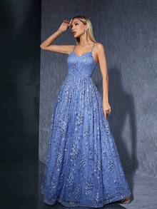 Embroidered Mesh Flare Strap Bridesmaid Dress - Dusty Blue - View 5