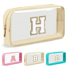 Personalized Initial Letter Clear Makeup Bag, Preppy Small Nylon&PVC Cosmetic Zipper Bag With Chenille Letter, Portable Beach Travel Skincare Toiletry Bag,Fashionable Monogram Gift For Teen Girls Women,Transparent Organizer Pouch For Travel Back To School Bathroom Dorm Essentials For Makeup Tools Makeup Bags Makeup Organizer Make Up Organizer Makeup Storage Make Up Bag - Beige - View 18