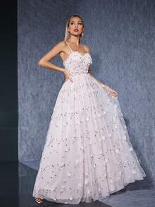 Asymmetrical Ruched Embroidered Mesh Bridesmaid Dress With Spaghetti Straps And Flared Hem - Pink - View 5