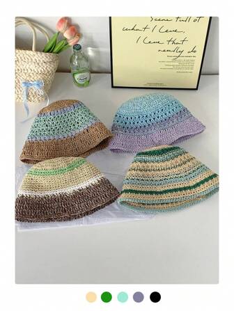 Boho One Bow Detail Bow Colorful Mixed Striped Hollow Out Woven Straw Bucket Hat Anti-UV Sun Protection Bucket Hat For Women, Breathable Hollow Out Pot Hat