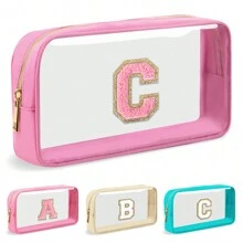 Geantă de machiaj cu scrisoare inițială personalizată, transparentă, cu plasture de chenille A-Z, geantă cosmetică din nailon Preppy cu fermoar, omologat TSA, transparentă, impermeabilă, pentru toaletă, pentru femei, fete, organizator pentru machiaj.