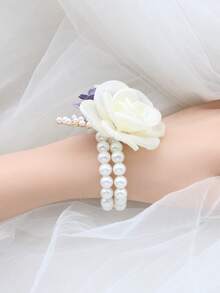 1pc Violet Elastic Pearl Chain Wrist Flower, Bridesmaid, Sister Team, Bridal Accessory, Photography Prop, Party Wrist Flower - Violet Purple - View 7