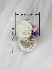 1pc Violet Elastic Pearl Chain Wrist Flower, Bridesmaid, Sister Team, Bridal Accessory, Photography Prop, Party Wrist Flower - Violet Purple - View 4