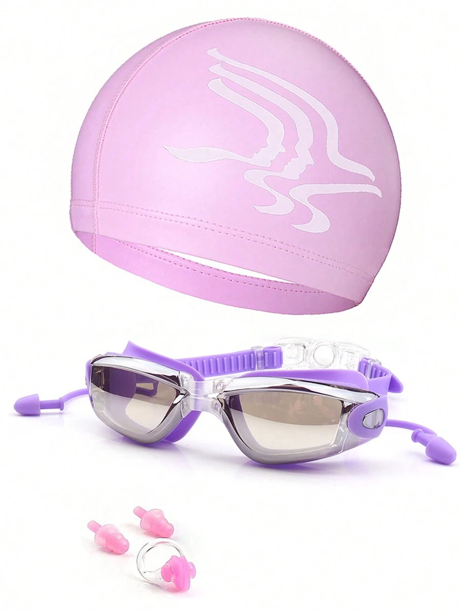 5pcs Swimming Goggles, Swimming Cap, Nose Clip, Ear Plugs Set - Purple - View 1