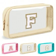 Personalized Initial Letter Clear Makeup Bag, Preppy Small Nylon&PVC Cosmetic Zipper Bag With Chenille Letter, Portable Beach Travel Skincare Toiletry Bag,Fashionable Monogram Gift For Teen Girls Women,Transparent Organizer Pouch For Travel Back To School Bathroom Dorm Essentials For Makeup Tools Makeup Bags Makeup Organizer Make Up Organizer Makeup Storage Make Up Bag - Beige - View 20