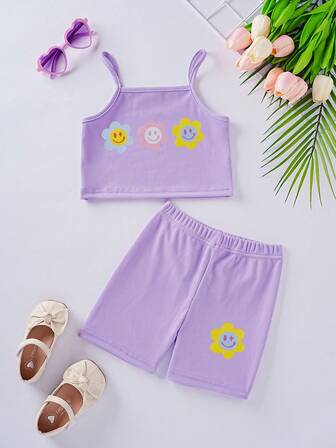 年輕女孩時尚優雅的時尚花卉印花背心褲套裝，運動風格