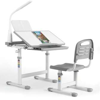 Kinderbureau- en stoelenset, in hoogte verstelbare kinderbureaustoel, studentenbureau, bureau- en stoelenset, jeugdbureau multifunctioneel met stoel, lamp en leesstandaard