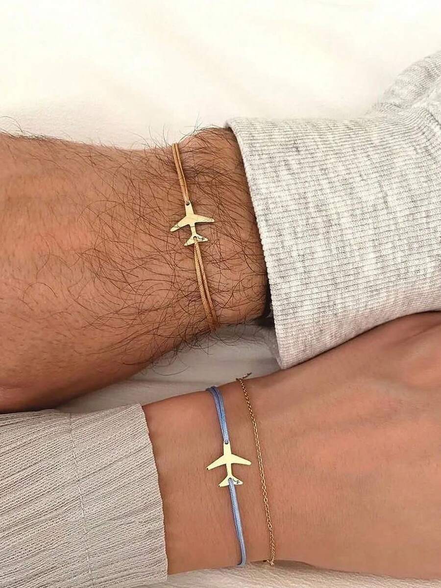 3pcs Fashion Hand-Woven Airplane Decor Couple Bracelets, Perfect For Daily Wear, Date, Vacation And Parties - Multicolor - View 1