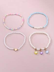 4pcs/Set Girls' Heart & Pearl Beaded Anklet Set, Suitable For Daily Decoration - Multicolor - View 6