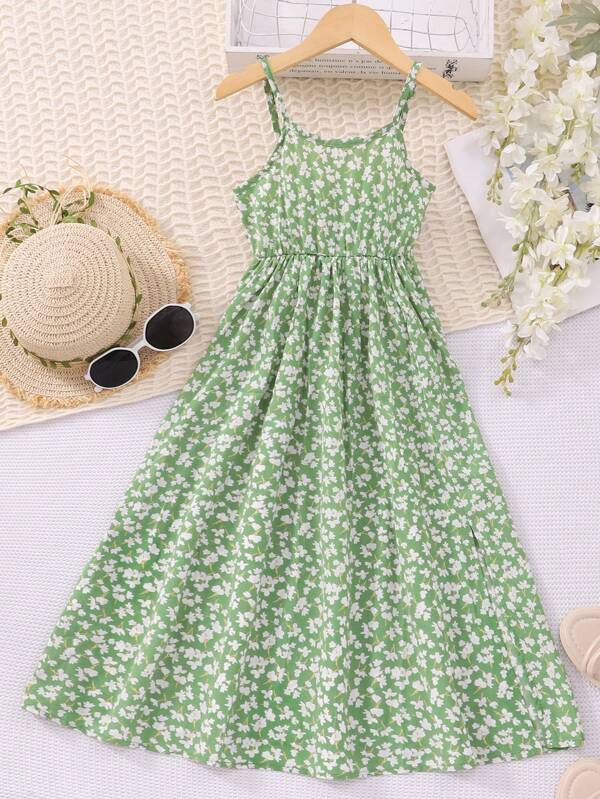 Girls' Ditsy Floral Sleeveless Maxi Casual Dress, Suitable For Older Tween Girl In Summer