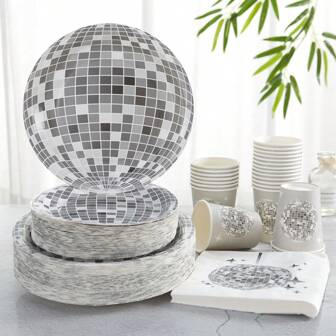 Disco Ball Disposable Party Supplies, One-Time Use Plates Cups Napkins, Silver Disco Paper Plates, Disposable Disco Paper Plates & Cups Suitable For Wedding, Party, Birthday Decoration