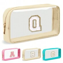 Personalized Initial Letter Clear Makeup Bag, Preppy Small Nylon&PVC Cosmetic Zipper Bag With Chenille Letter, Portable Beach Travel Skincare Toiletry Bag,Fashionable Monogram Gift For Teen Girls Women,Transparent Organizer Pouch For Travel Back To School Bathroom Dorm Essentials For Makeup Tools Makeup Bags Makeup Organizer Make Up Organizer Makeup Storage Make Up Bag - Beige - View 36