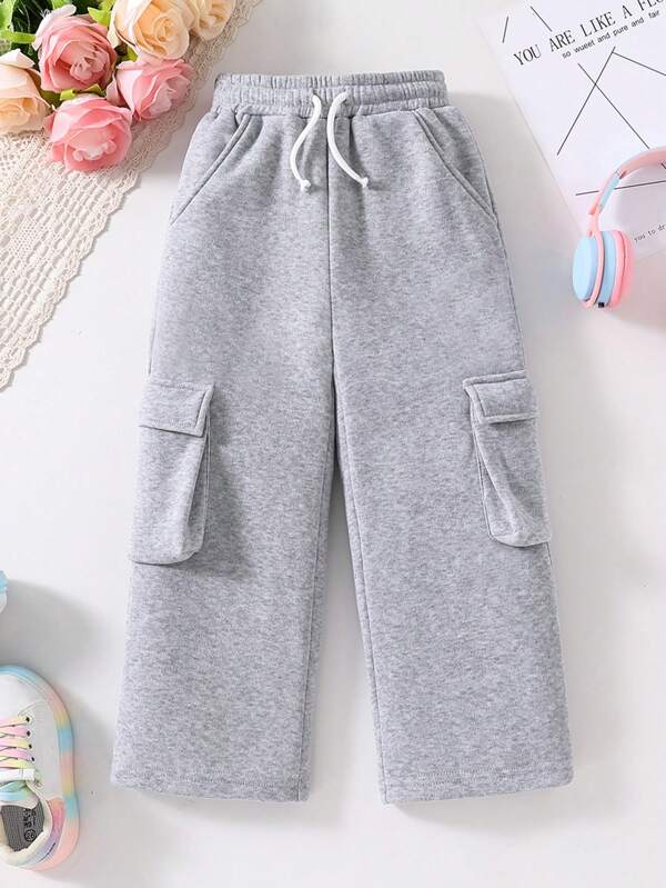 Young Girl Solid Color Drawstring Jogger Pants With Side Pockets
