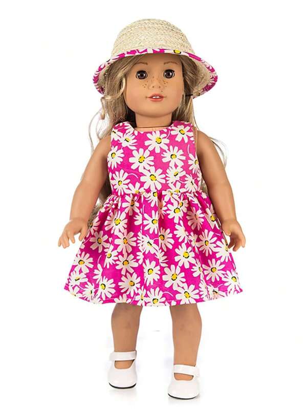 16-18 Inch American Doll Outfit Set, Includes Dress With Flower Design & Hat (Doll & Shoes Not Included)