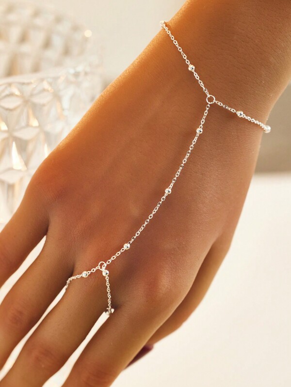 SYMFNY 1pc 925 Sterling Silver Minimalist Fashionable Beaded Chain Ring Bracelet