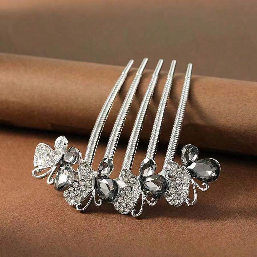 Peineta de cabello con lazo de cristal y pedrería para mujeres, accesorio para cabello para peinado de moño simple - Gris - Ver 1