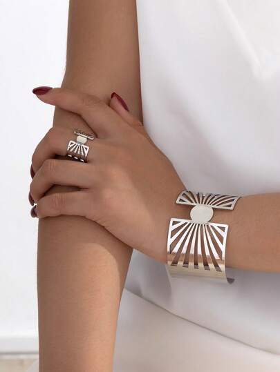 1 Set Women's Fashionable Simple Hollow-Out Gold Open Cuff Bangle Ring, For Daily, Party, Festival Gifts