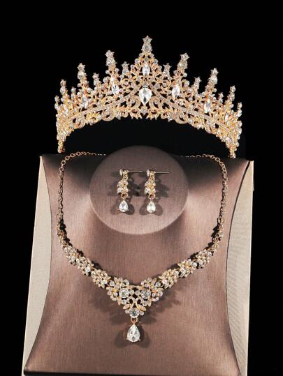 1set Women's Gold Bridal Accessory Set Including A Rhinestone Crown, Necklace And Earrings For Wedding And Special Occasions Such As Parties And Dances