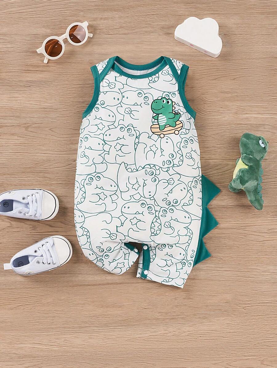 Cute Dinosaur Printed Romper With 3D Tail For Baby Boys, Summer Casual