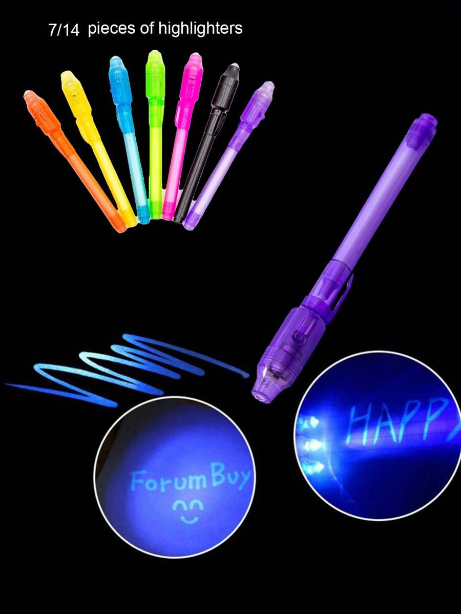 7 支/14 支多色荧光荧光笔、UV 隐形荧光笔、LED UV 灯笔、检查笔、创意 UV 魔术墨水笔、电池供电（含电池）