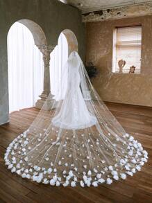 1pc Bridal Wedding Veil, Single Layer High-End Handmade White Flower Headpiece With Comb , Beach Or Travel Photography, Elegant And Romantic Single Layer Train