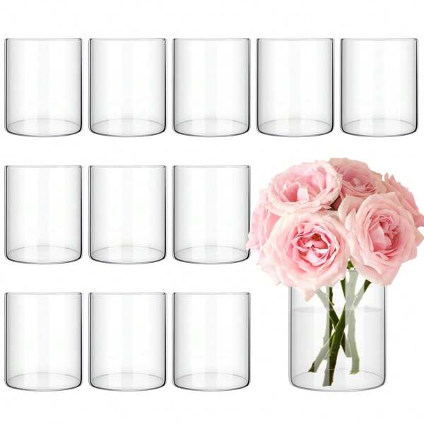 12 Pack Glass Cylinder Vases Tall Clear Flower Vase For Centerpieces, Hurricane Floating Candle Holder Wedding Decorations, Floral Vase Bulk For Table Shelf Party Home Deco  Flower Decorated Candle Various Sizes
