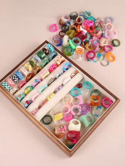 30 Pcs Random Style Y2K Colorful Chunky Resin Acrylic Rings Set For Women