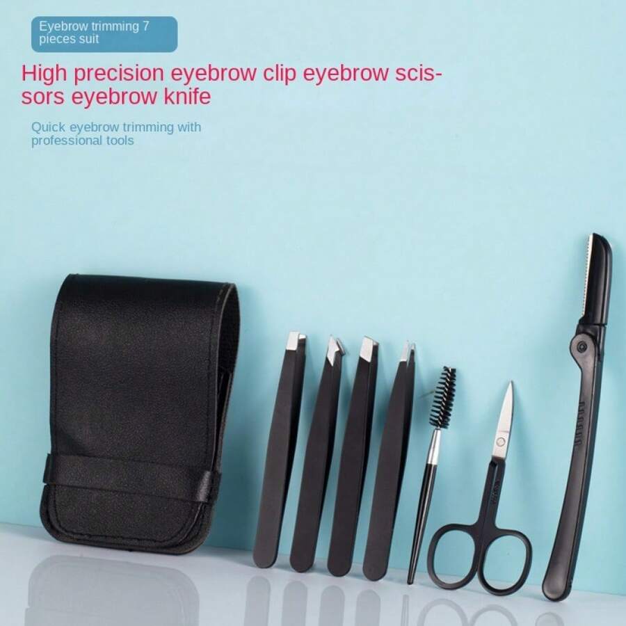 7入組精密眉毛鉗套裝，附收納袋，男女均適用的專業拔毛工具，可拔除眉毛/內生毛/鬍鬚