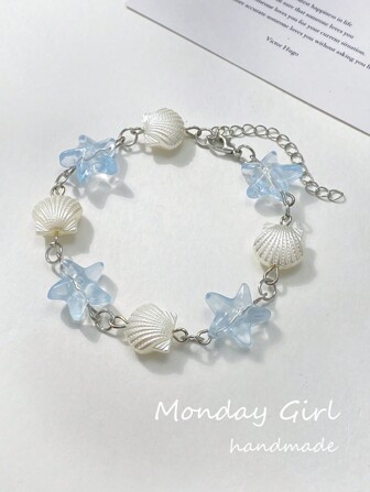 1pc Y2K Sweet Cool Natural Beaded Starfish & Imitation Shell & Blue Glass Charm Bracelet For Women, Daily Party