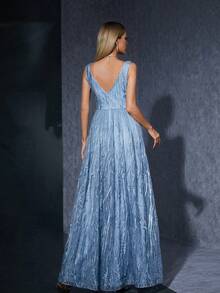 V-Neck 3D Beaded Floral Applique Fold Embroidery Lace A-Line Dress - Blue - View 2