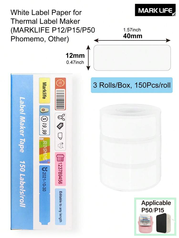 Marklife Thermal Label Tapes, 3 Rolls Per Box, Self-Adhesive Label Stickers, Waterproof Thermal Label Paper, Suitable For D30, M110, M220, M1, P50, P15 Label Printers, For Home And Commercial Use, Oil-Proof, Scratch-Resistant, Tear-Resistant, 12x40mm (0.47"X1.57"), 180 Labels Per Roll.