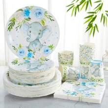 Elefanten Blumen Party Ausstattungsset, 7/9 Zoll Elefanten Geschenktreffen, blaue Elefanten Party Dekoration, Einweg Pappteller, Servietten für Elefanten Party oder Geburtstags Teller, Dessertteller, Weihnachten