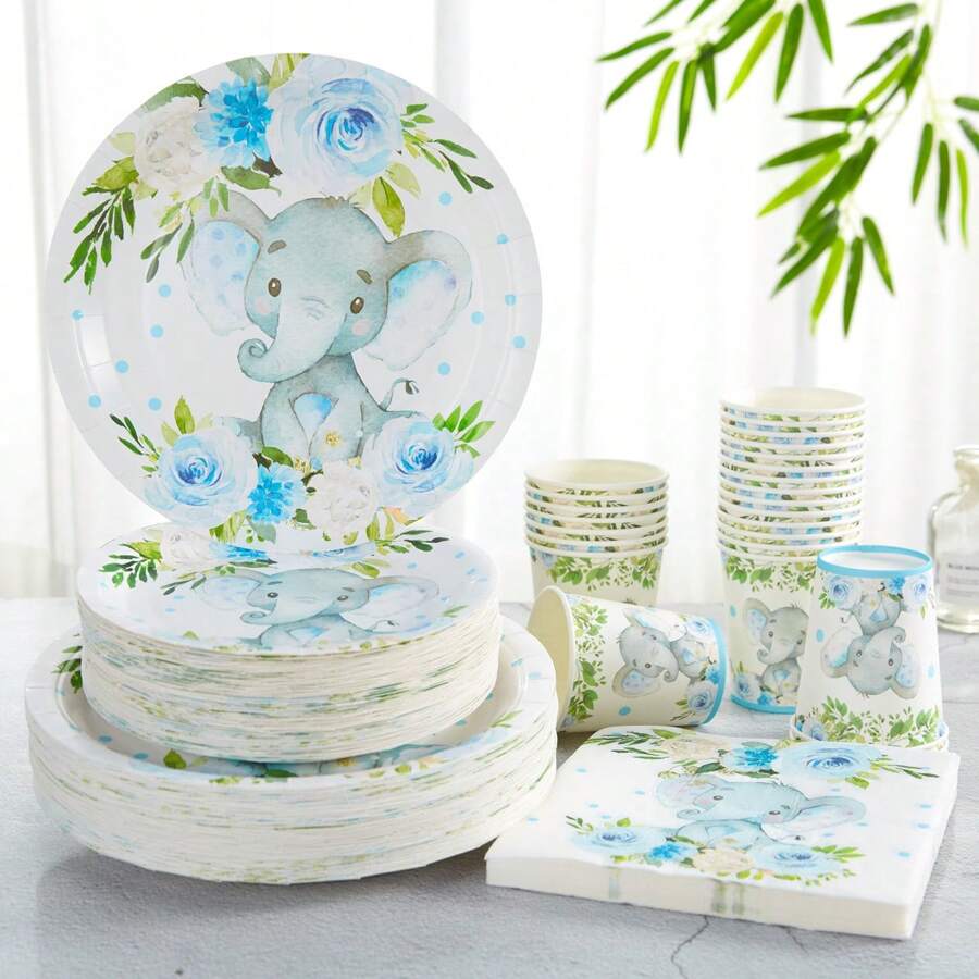 Elefanten Blumen Party Ausstattungsset, 7/9 Zoll Elefanten Geschenktreffen, blaue Elefanten Party Dekoration, Einweg Pappteller, Servietten für Elefanten Party oder Geburtstags Teller, Dessertteller, Weihnachten